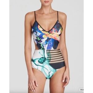 Clover Canyon Liquid Jade Cutout One Piece Swimsuit S Floral Stripe Multicolor